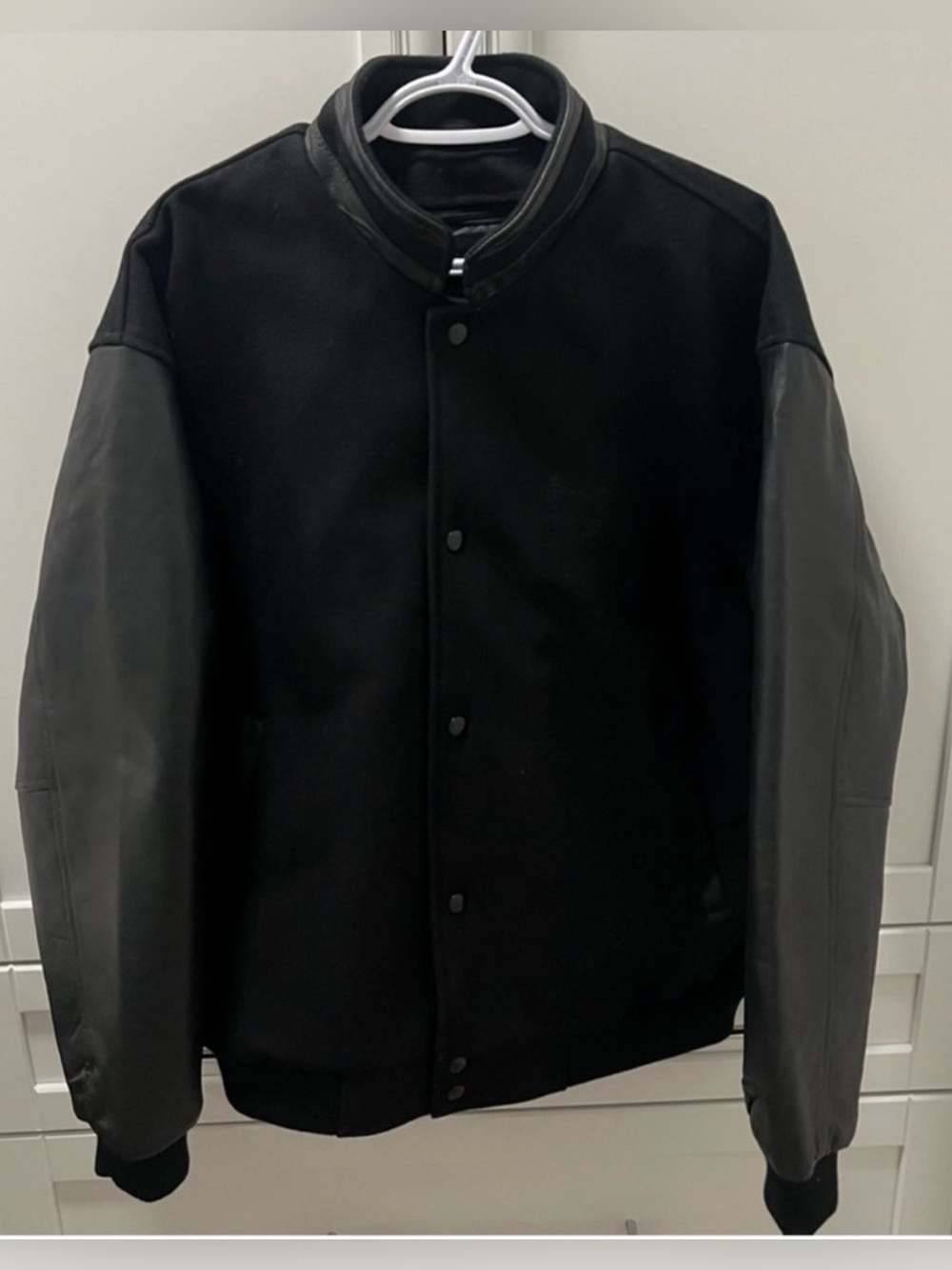 Wool & Leather Varsity Bomber Jacket Black